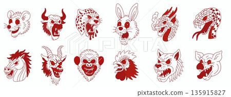 Angry Animal Heads Collection in Red Ink. Chinese horoscope 135915827