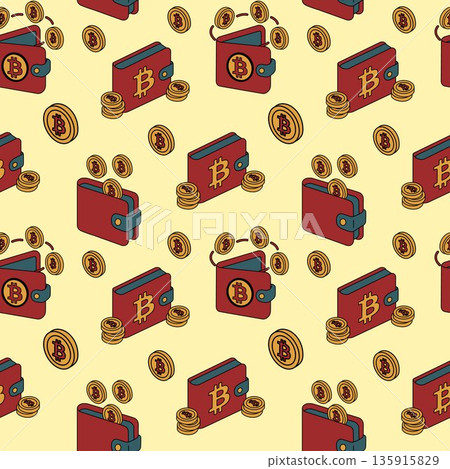 Cryptocurrency Wallet and Bitcoin Coins in Seamless Pattern Cryptocurrency Wallet and Bitcoin Coins in Seamless Pattern 135915829
