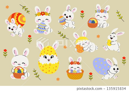 Cute Easter Bunny Pattern with Eggs and Flower Crowns 135915834