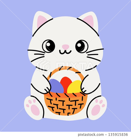 Cute White Cat Holding Easter Eggs in a Basket Cute White Cat Holding Easter Eggs in a Basket 135915836