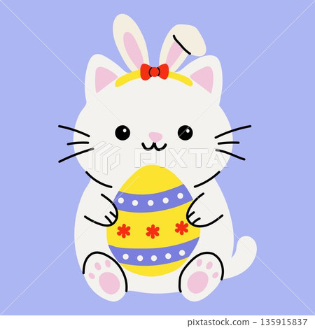Cute White Cat with Bunny Ears Holding a Colorful Easter Egg Cute White Cat with Bunny Ears Holding a Colorful Easter Egg 135915837