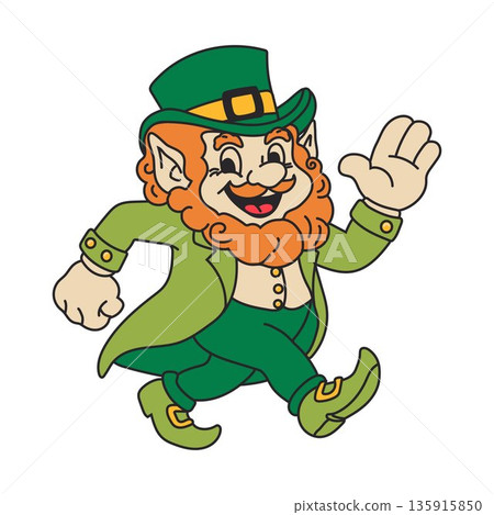 Cheerful Leprechaun in Green Outfit Waving Cheerful Leprechaun in Green Outfit Waving 135915850