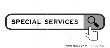 Search banner in word special services with hand over magnifier icon on white background 135915859