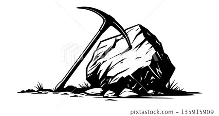 Black silhouette of a pickaxe leaning against a stone, without background. Black silhouette of a pickaxe leaning against a stone, without background. 135915909