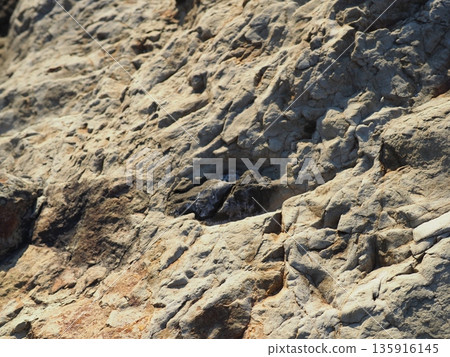 Rock and sand art. Enjoy the seascape. Copy space. An artistic background woven by nature. 135916145