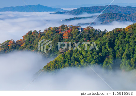 Bitchu Matsuyama Castle floating in a sea of clouds in the early morning as seen from the Unkai Observatory in Takahashi City, Okayama Prefecture, Japan Bitchu Matsuyama Castle floating in a sea of clouds in the early morning as seen from the Unkai Observatory in Takahashi City, Okayama Prefecture, Japan 135916598
