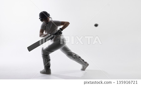 Cricket batter following through after controlled shot. Cricket batter following through after controlled shot. 135916721