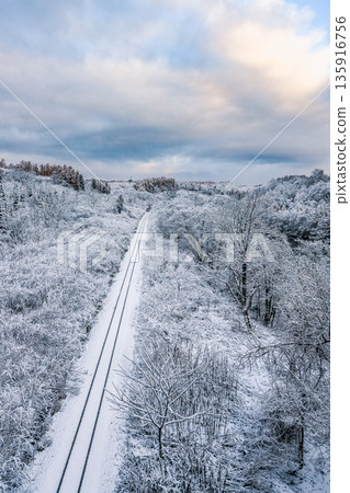 白雪皚皚的函館本線穿過一片銀白色的森林。 135916756