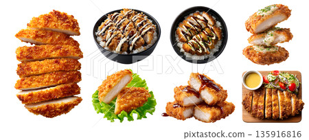 Set of pork chicken meat cutlet, breaded Deep-fried tonkatsu katsu, serving wooden board, bowl with mayonnaise sauce, stack pile slice broken bite, transparent cutout PNG. Many different style mockup 135916816