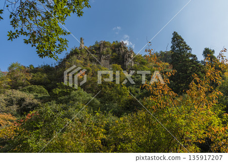 位於日本岡山縣總社市高橋川支流牧谷川上游的五景川以及肯坊山和雲台山的秋葉 位於日本岡山縣總社市高橋川支流牧谷川上游的五景川以及肯坊山和雲台山的秋葉 135917207
