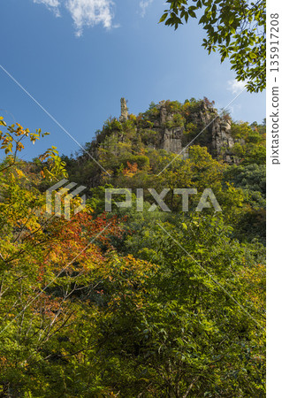 位於日本岡山縣總社市高橋川支流牧谷川上游的五景川以及肯坊山和雲台山的秋葉 135917208