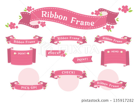 可愛的花朵和絲帶邊框粉紅色向量圖 135917282