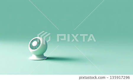 Simple fan blowing a gentle breeze and depicting effective air circulation indoors. The object isolated on a calm, solid pale mint green background. Simple fan blowing a gentle breeze and depicting effective air circulation indoors. The object isolated on a calm, solid pale mint green background. 135917296
