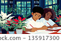 African american girl and Southeast Asian boy are sketching nature illustrations at art table with potted plants. Atmosphere is natural and scholarly. 135917300