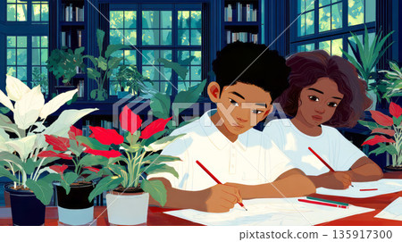 African american girl and Southeast Asian boy are sketching nature illustrations at art table with potted plants. Atmosphere is natural and scholarly. African american girl and Southeast Asian boy are sketching nature illustrations at art table with potted plants. Atmosphere is natural and scholarly. 135917300