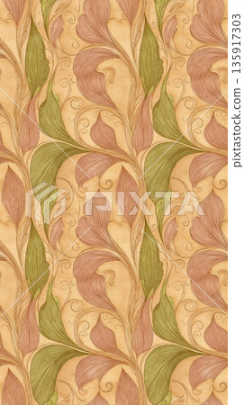Seamless pattern using delicate Art Nouveau-style plant ornaments with elegant curves and stylized leaves. Elements of salad and purple shades. Seamless pattern using delicate Art Nouveau-style plant ornaments with elegant curves and stylized leaves. Elements of salad and purple shades. 135917303