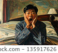A man screaming in despair after oversleeping (oil painting style) 135917626