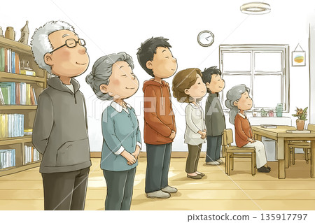 Elderly people and staff taking deep breaths to balance their minds and bodies | Nursing care illustrations to communicate frailty prevention 135917797