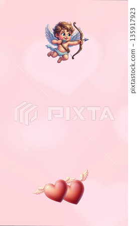Cute Cupid Angel Baby with Bow and Flying Hearts 135917923
