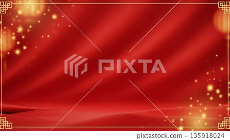 Red Chinese New Year festive background with golden lights sparkling bokeh effect and traditional corner decorative elements 135918024