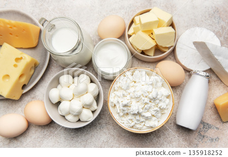 Dairy products assortment showcasing fresh milk cheese butter eggs Dairy products assortment showcasing fresh milk cheese butter eggs 135918252