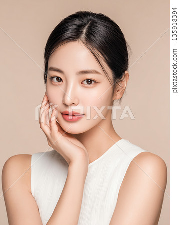 一位長髮女子用手輕撫臉頰，背景是粉紅色。 135918394