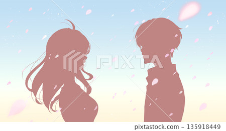 Shadow puppet of a man and woman facing each other in the cherry blossom storm, morning glow 135918449