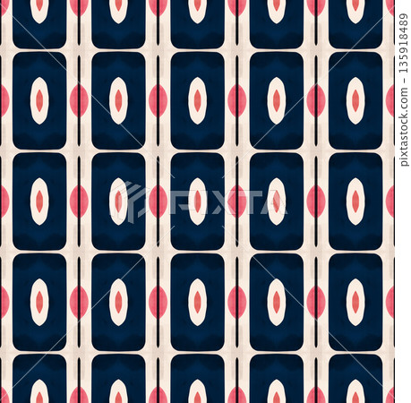 Abstract mid-century geometrical background, retro style seamless pattern in blue and red tones 135918489