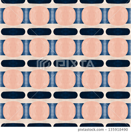 Abstract mid-century geometrical background, retro style seamless pattern in blue and soft pink tones 135918490