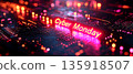 Futuristic Cyber Monday background with pink and blue neon lights over electronic circuit. Digital shopping, online discounts, and e-commerce marketing campaign. Abstract background, web banner. 135918507