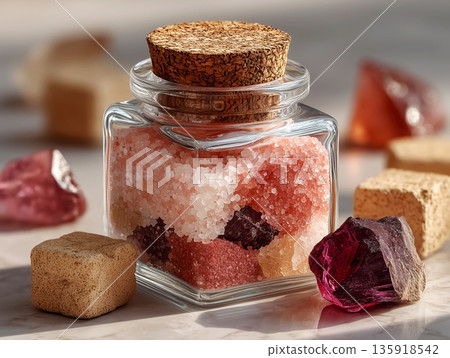 Bath pink sea salt jar with crystals and stones. Natural skincare cosmetics and spa body care ritual. Ideal for spa branding, cosmetic advertising, wellness concepts and clean beauty product promotion Bath pink sea salt jar with crystals and stones. Natural skincare cosmetics and spa body care ritual. Ideal for spa branding, cosmetic advertising, wellness concepts and clean beauty product promotion 135918542