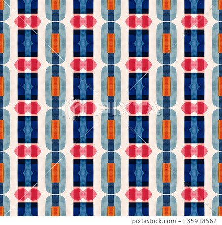 Abstract mid-century geometrical background, retro style seamless pattern in blue and red tones Abstract mid-century geometrical background, retro style seamless pattern in blue and red tones 135918562