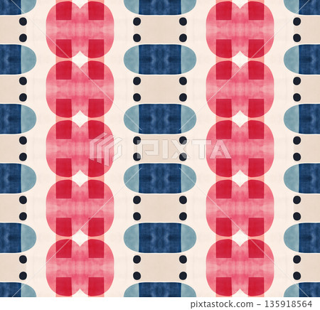 Abstract mid-century geometrical background, retro style seamless pattern in blue and red tones 135918564