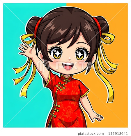 Cute Anime Girl Waving in Traditional Chinese Dress 135918641