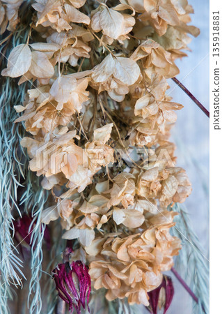Beautiful dried flower wreath hanging on the wall 135918881
