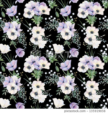 Spring blooming valley with white and pastel purple wildflowers watercolor seamless pattern on black. Filed flowers bouquets repeat background with anemones poppies and grass Spring blooming valley with white and pastel purple wildflowers watercolor seamless pattern on black. Filed flowers bouquets repeat background with anemones poppies and grass 135919038