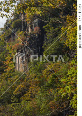 Autumn leaves and pillars of autumn at Gokei River, located upstream of the Makitani River, a tributary of the Takahashi River, Soja City, Okayama Prefecture, Japan Autumn leaves and pillars of autumn at Gokei River, located upstream of the Makitani River, a tributary of the Takahashi River, Soja City, Okayama Prefecture, Japan 135919065