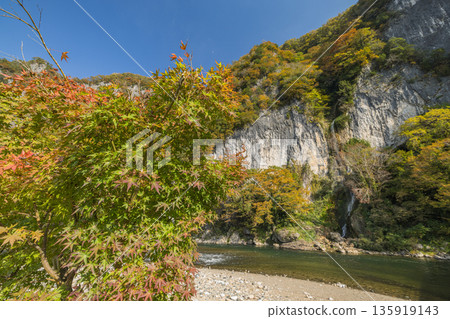 Takahashi River flowing along Ikura Gorge in Niimi City, Okayama Prefecture, Japan, with autumn leaves and Ikura Falls Takahashi River flowing along Ikura Gorge in Niimi City, Okayama Prefecture, Japan, with autumn leaves and Ikura Falls 135919143