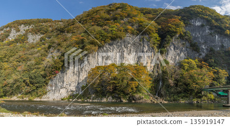 日本岡山縣新見市伊倉峽的高橋川，秋葉和伊倉瀑佈景色宜人。 135919147