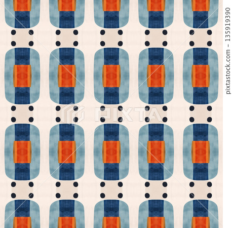 Abstract mid-century geometrical background, retro style seamless pattern in blue and red tones Abstract mid-century geometrical background, retro style seamless pattern in blue and red tones 135919390