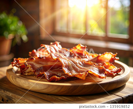 Fried bacon strips on the wooden board. crispy homemade bacon. set in a sunny kitchen. AI Generated. 135919852