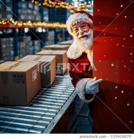 Claus in a warehouse checking packages for the holiday season while surrounded by festive lights 135919870