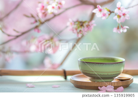 春季主題布料，飾有櫻花和淺色杯子圖案 135919905