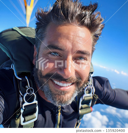Man skydiving with a parachute over a blue sky 135920400