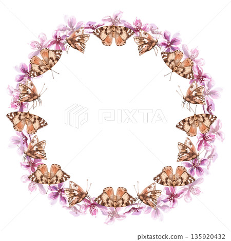 A wreath of butterflies and peach blossoms. Isolated watercolor illustration in a realistic style for postcards, interiors, spring holidays, packaging, and poster printing. 135920432