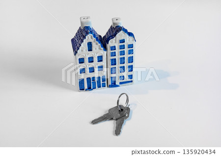 Small figure of houses with keys. Real estate advertising. Small figure of houses with keys. Real estate advertising. 135920434