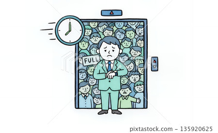 A businessman who is likely to be late because the elevator is full and he can't get on 135920625