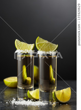 Tequila shots with salt and lime slices on a black stone table. Tequila shots with salt and lime slices on a black stone table. 135920629
