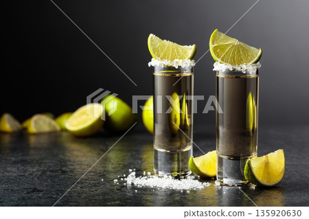 Tequila shots with salt and lime slices on a black stone table. Tequila shots with salt and lime slices on a black stone table. 135920630