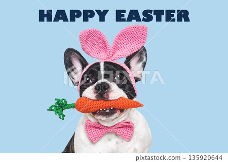 Happy Easter. Cute puppy and congratulatory inscription Happy Easter. Cute puppy and congratulatory inscription 135920644